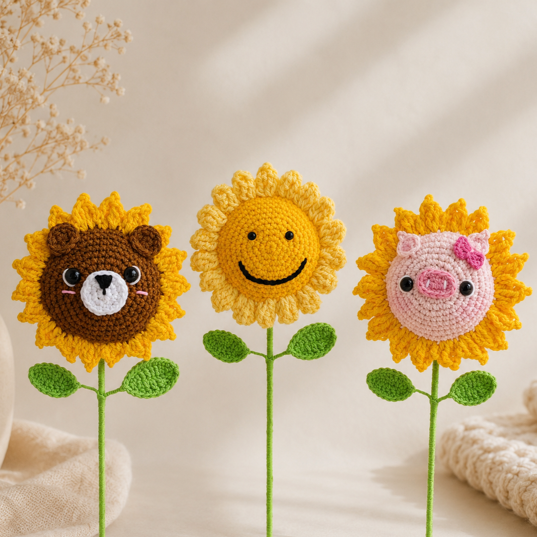 Girasol amigurumi con carita de chanchito tejido a crochet - patrón Chanchigirasol 1