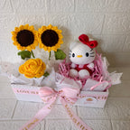 Box Regalo con Gatita Blanca Tejida y Girasoles - Moño Rojo