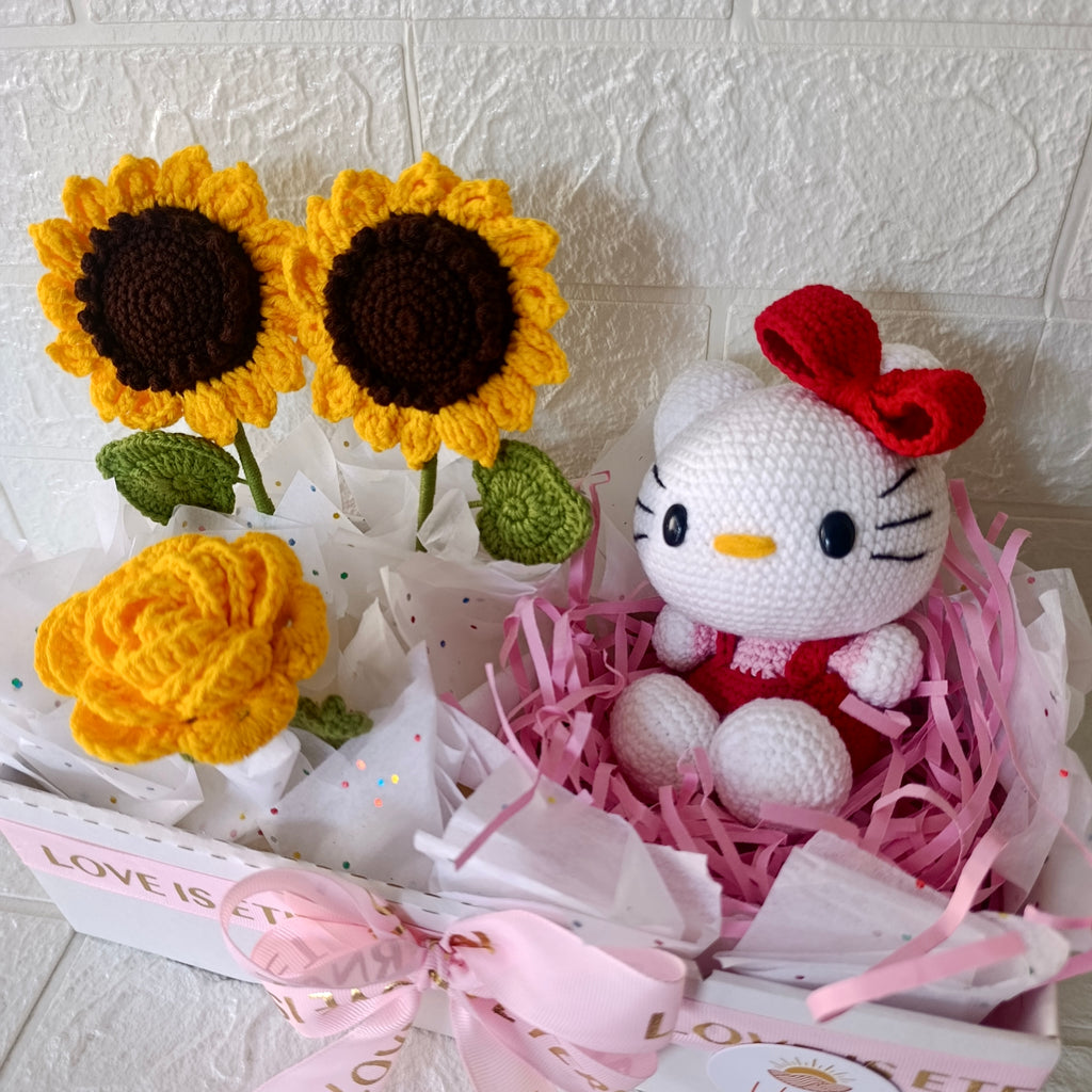 Box Regalo con Gatita Blanca Tejida y Girasoles - Moño Rojo