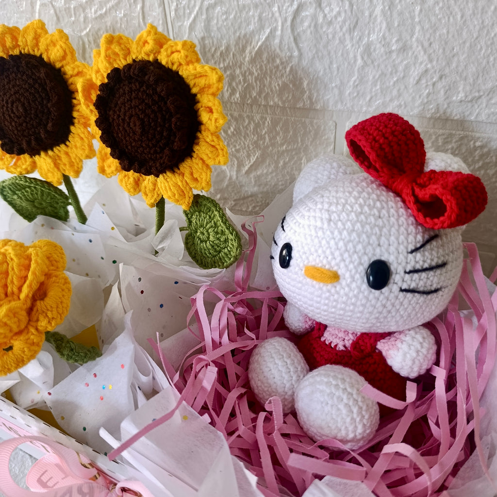 Box Regalo con Gatita Blanca Tejida y Girasoles - Moño Rojo
