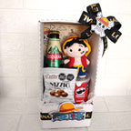 Box regalo Luffy con amigurumi tejido a crochet, cerveza y snacks