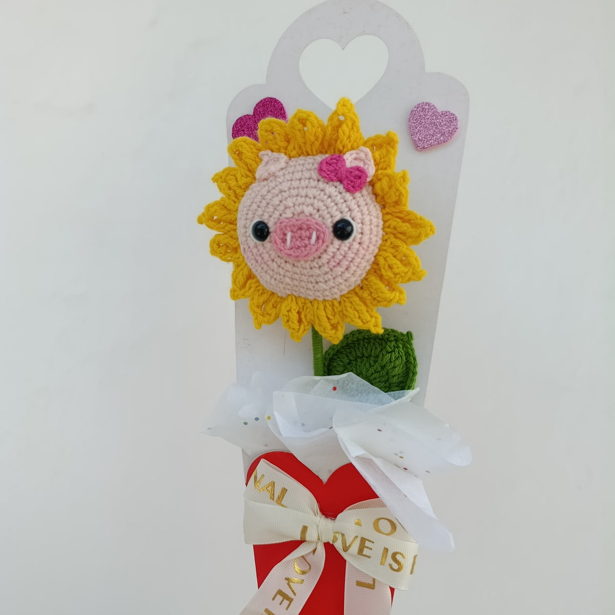 Girasol Tejido con Carita de Chanchito - Amigurumi Decorativo