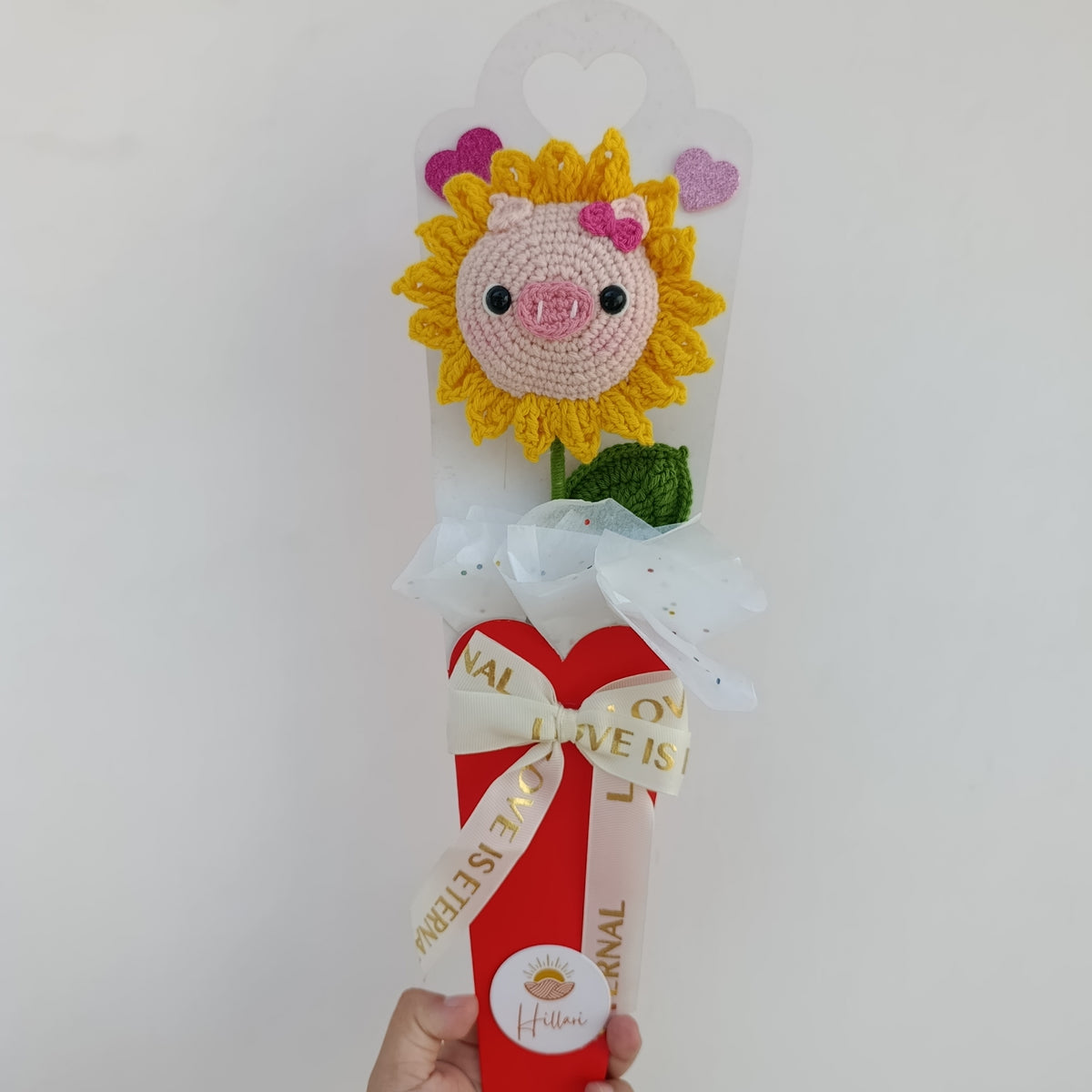 Girasol Tejido con Carita de Chanchito - Amigurumi Decorativo