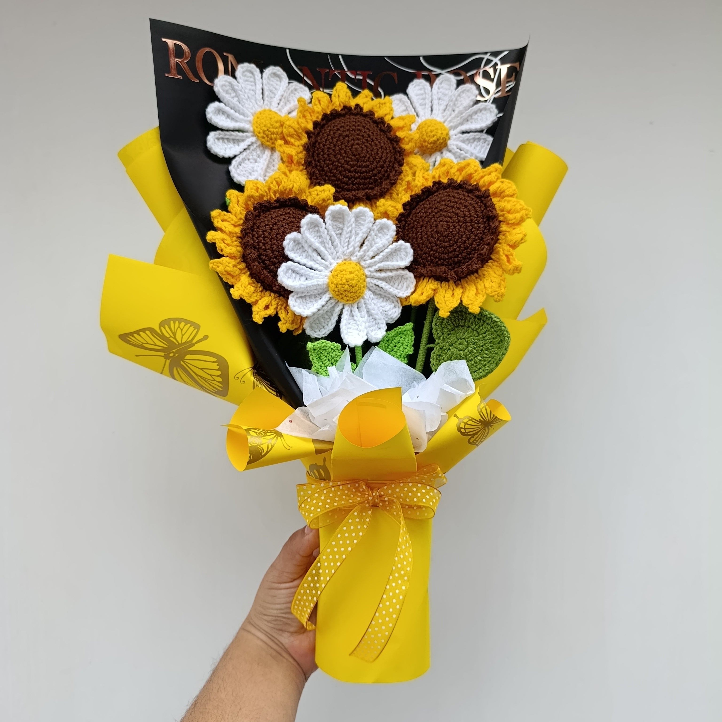 Ramo Floricienta con Girasoles y Margaritas en Crochet