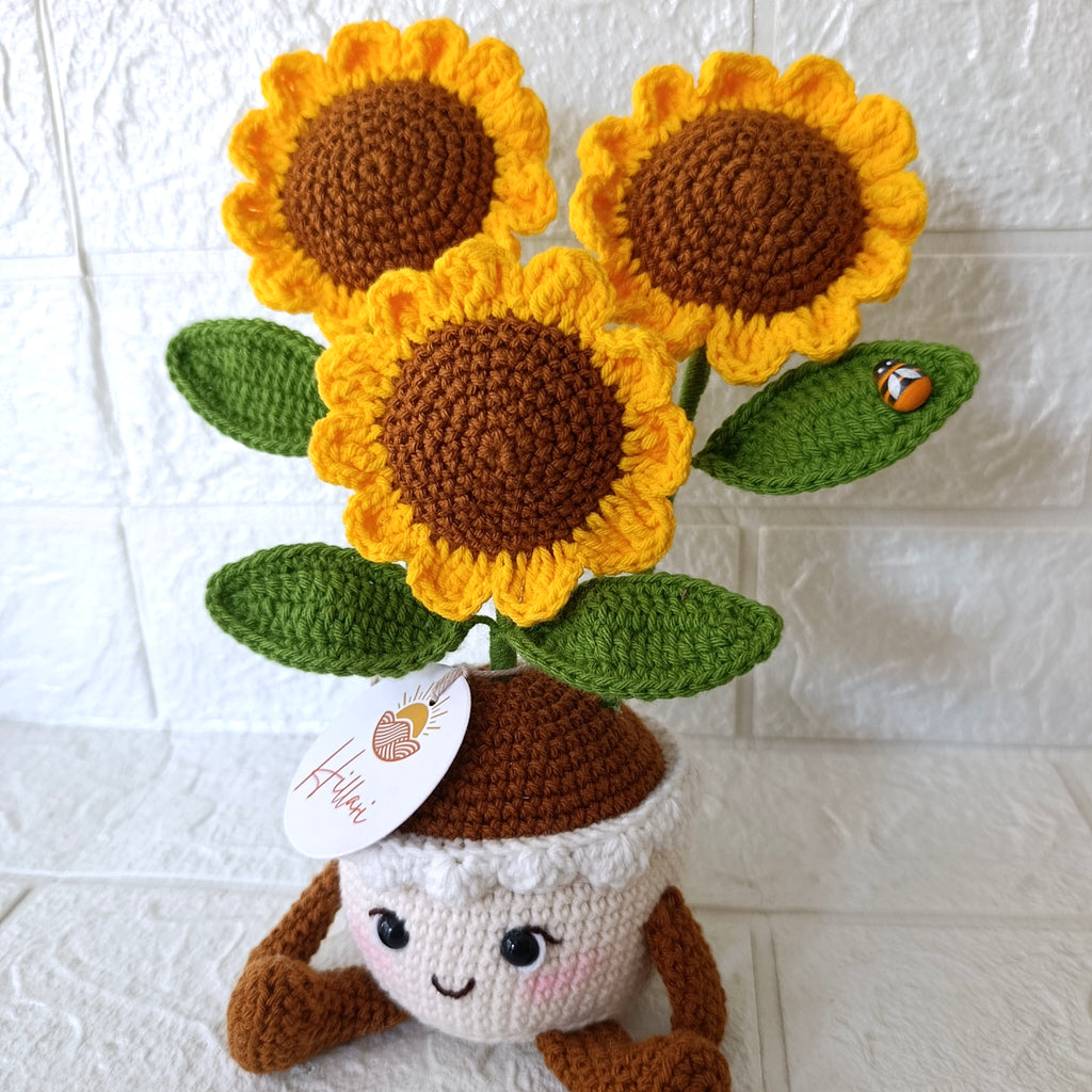 Maceta con Triple Girasol Tejido a Crochet - 22cm