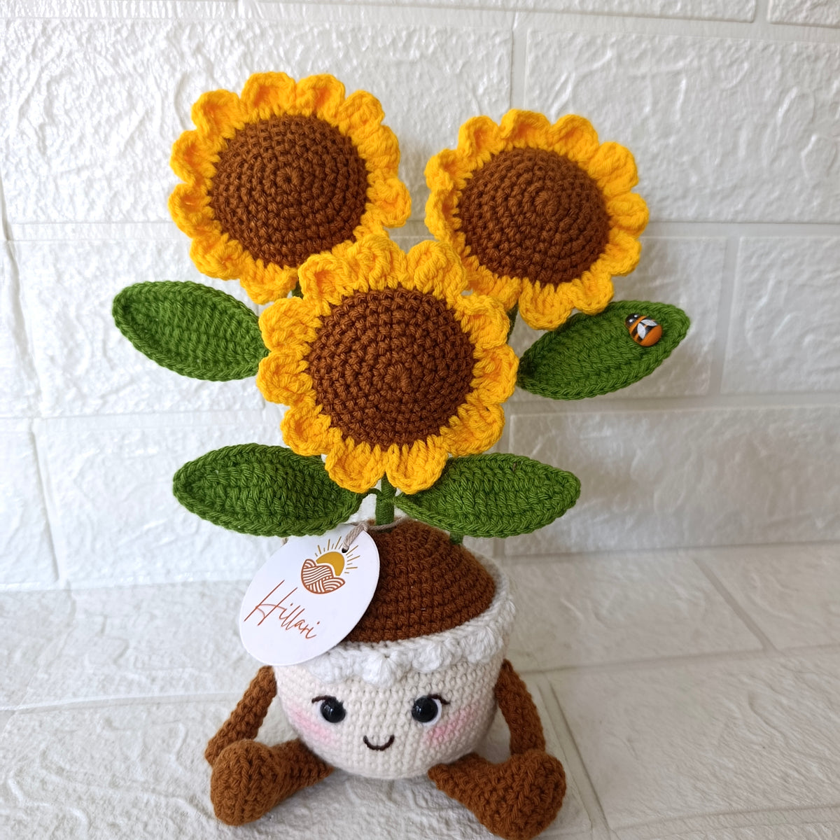 Maceta con Triple Girasol Tejido a Crochet - 22cm
