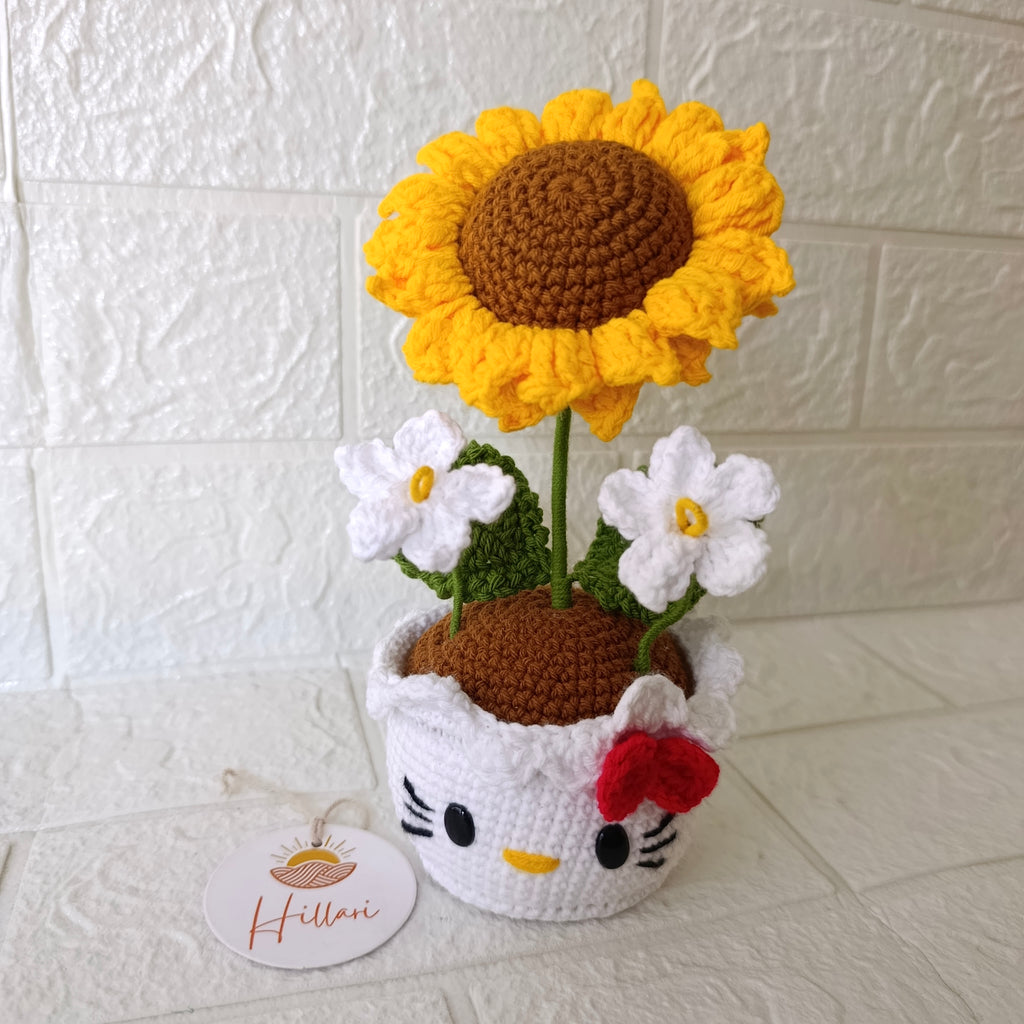 Maceta de Girasol Tejida con Carita de Gatita Blanca y Moño