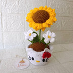 Maceta de Girasol Tejida con Carita de Gatita Blanca y Moño