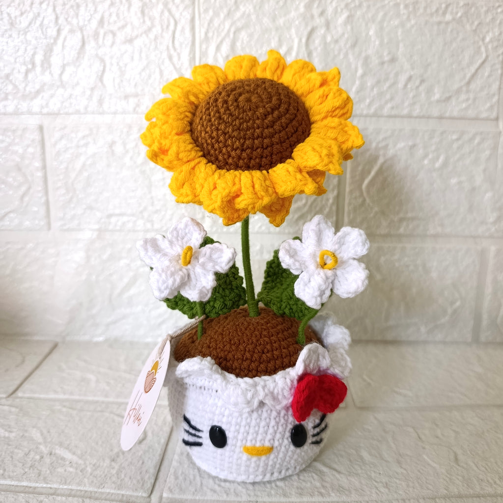 Maceta de Girasol Tejida con Carita de Gatita Blanca y Moño