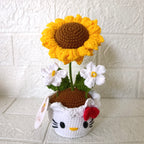 Maceta de Girasol Tejida con Carita de Gatita Blanca y Moño