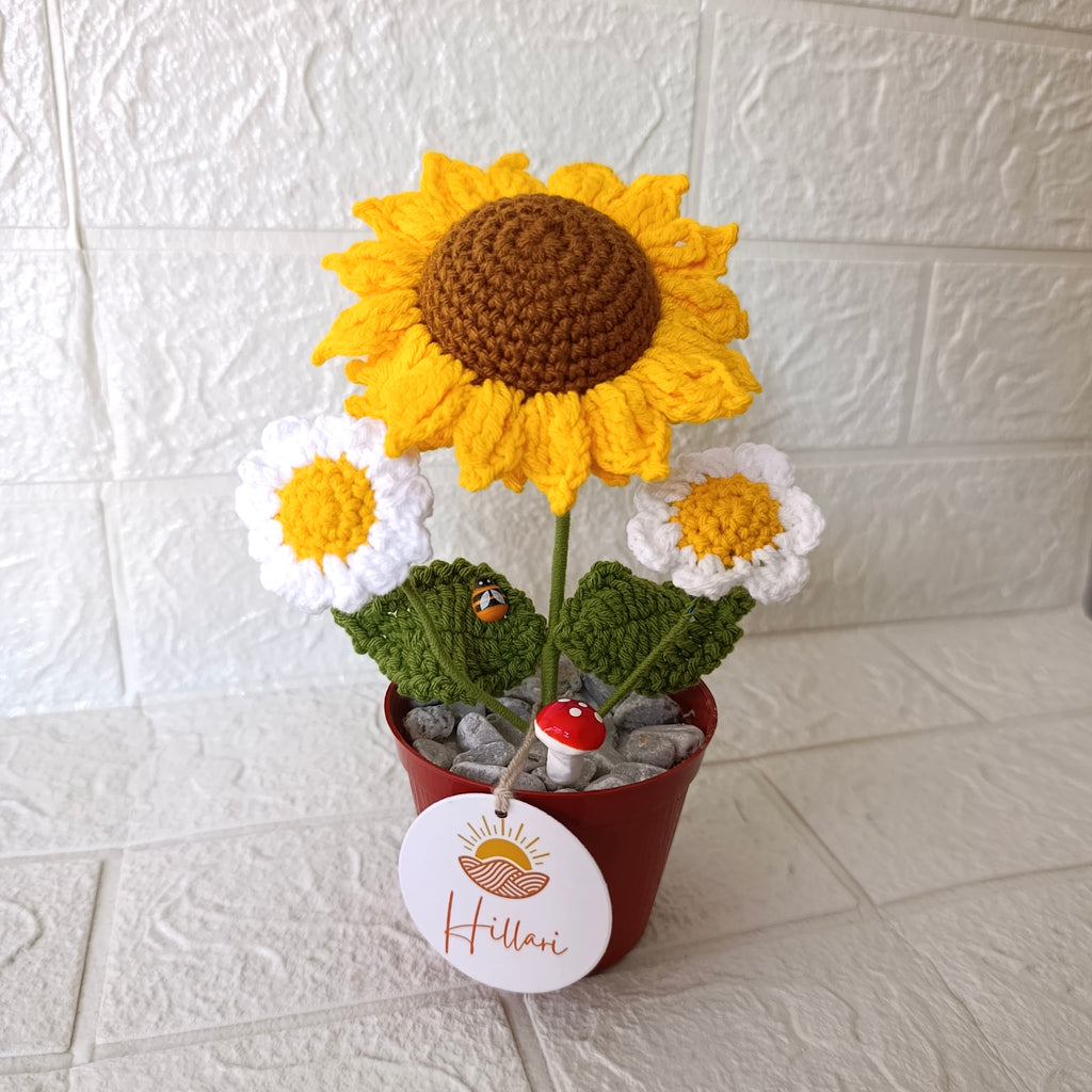 Maceta Decorativa Girasol y Margaritas Tejida a Crochet