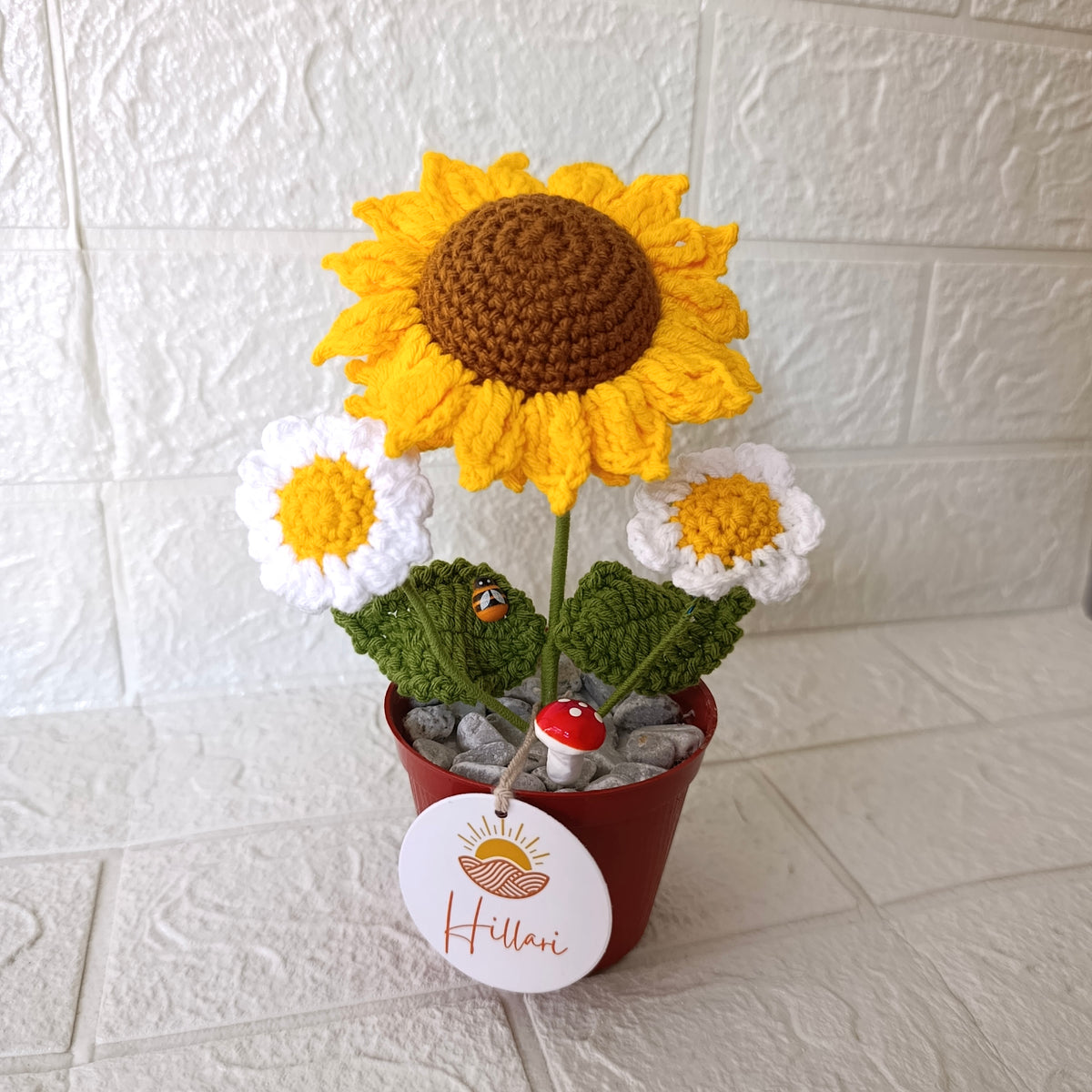 Maceta Decorativa Girasol y Margaritas Tejida a Crochet