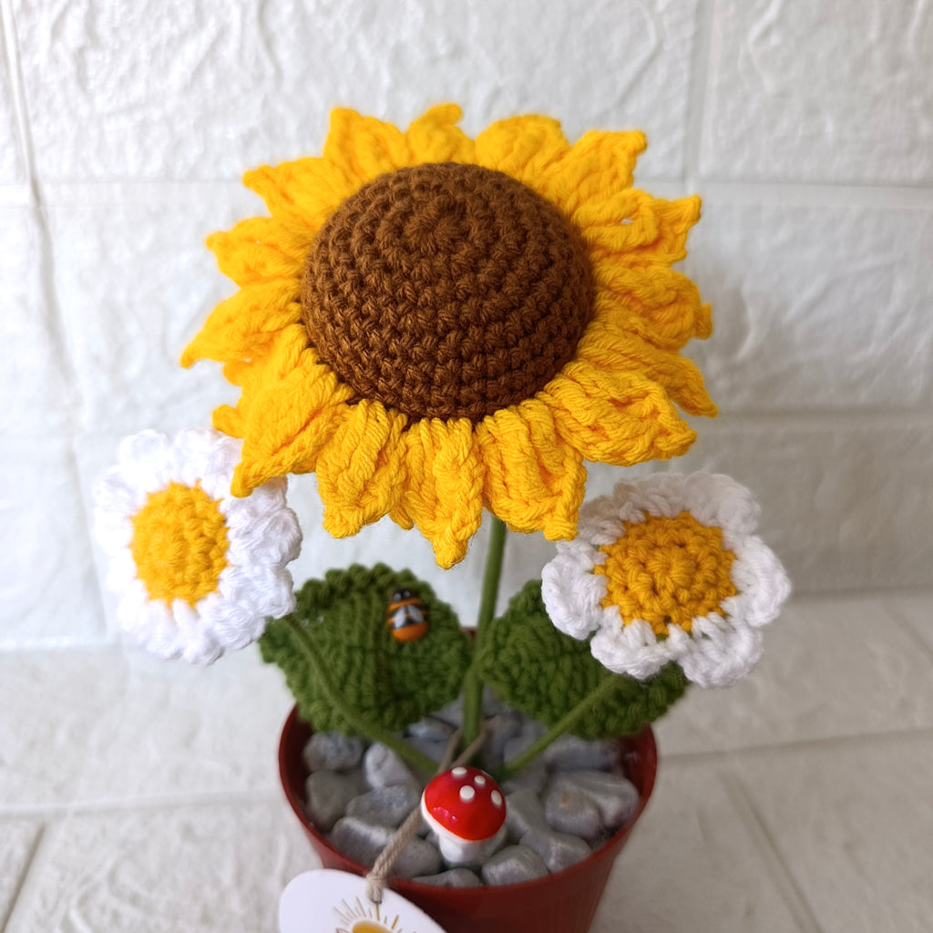Maceta Decorativa Girasol y Margaritas Tejida a Crochet