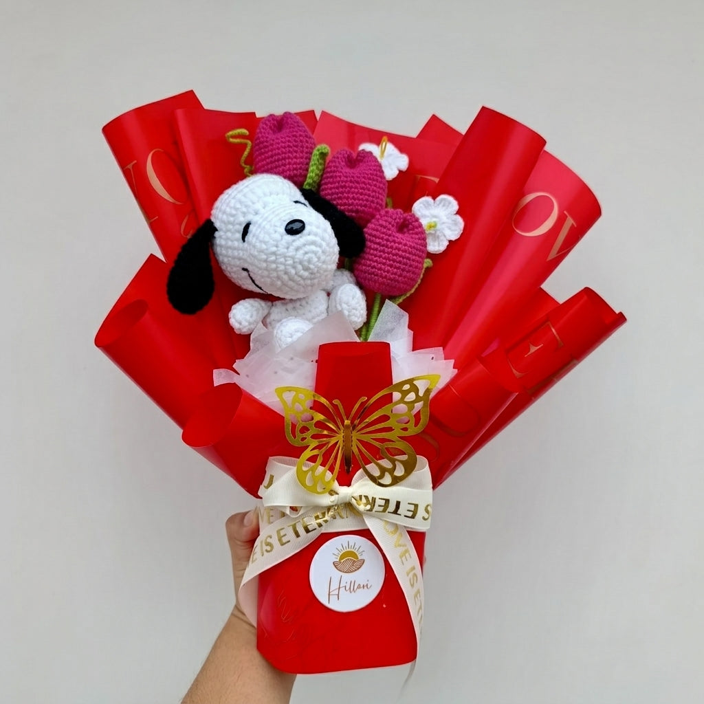 Ramo Premium con Tulipanes y Perrito Blanco Tejido