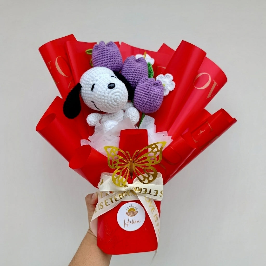 Ramo Premium con Tulipanes y Perrito Blanco Tejido