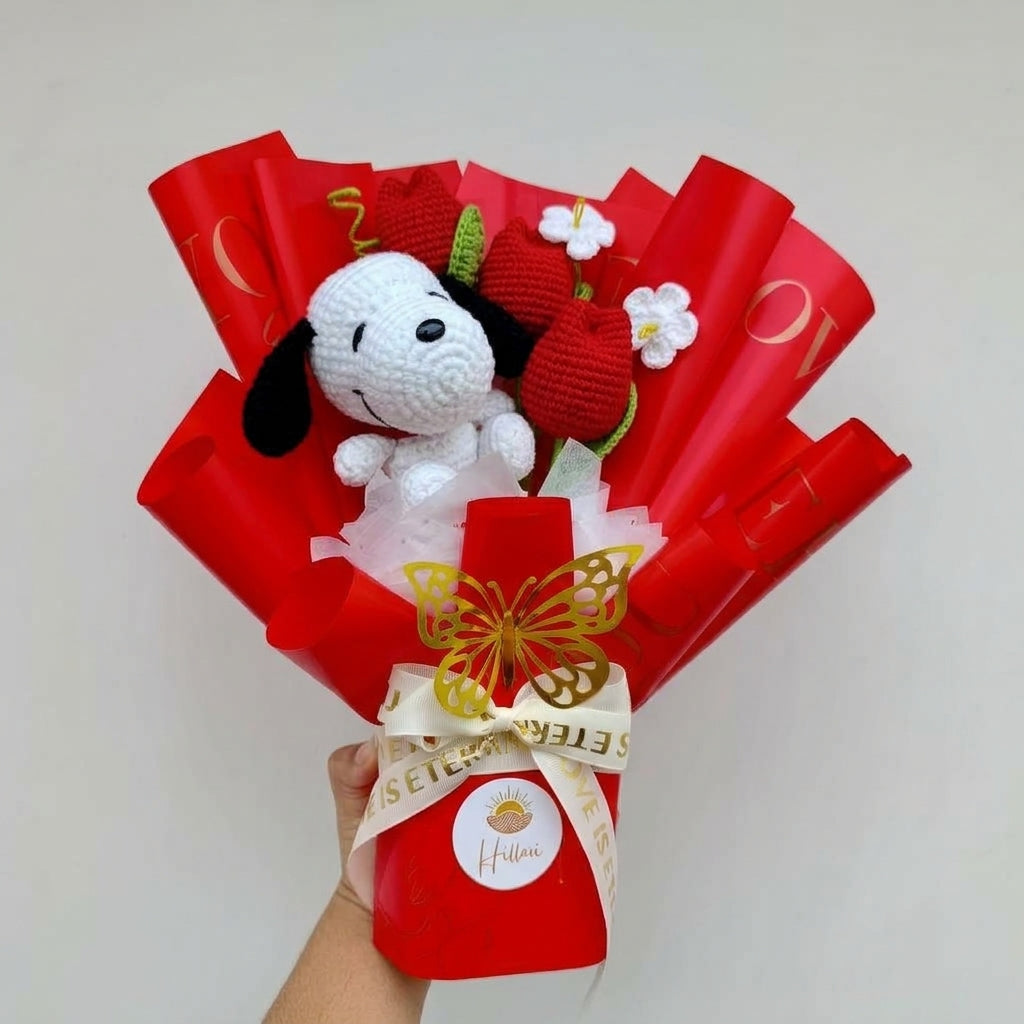 Ramo Premium con Tulipanes y Perrito Blanco Tejido