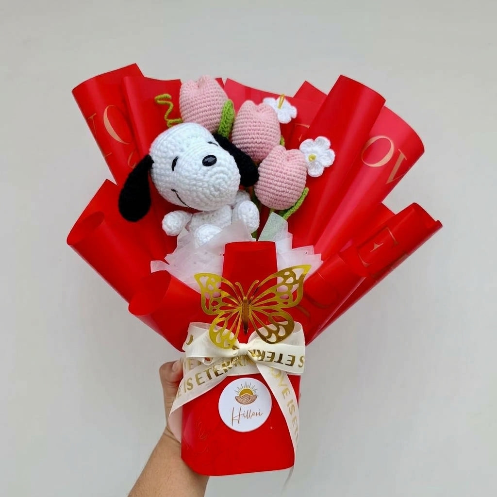 Ramo Premium con Tulipanes y Perrito Blanco Tejido