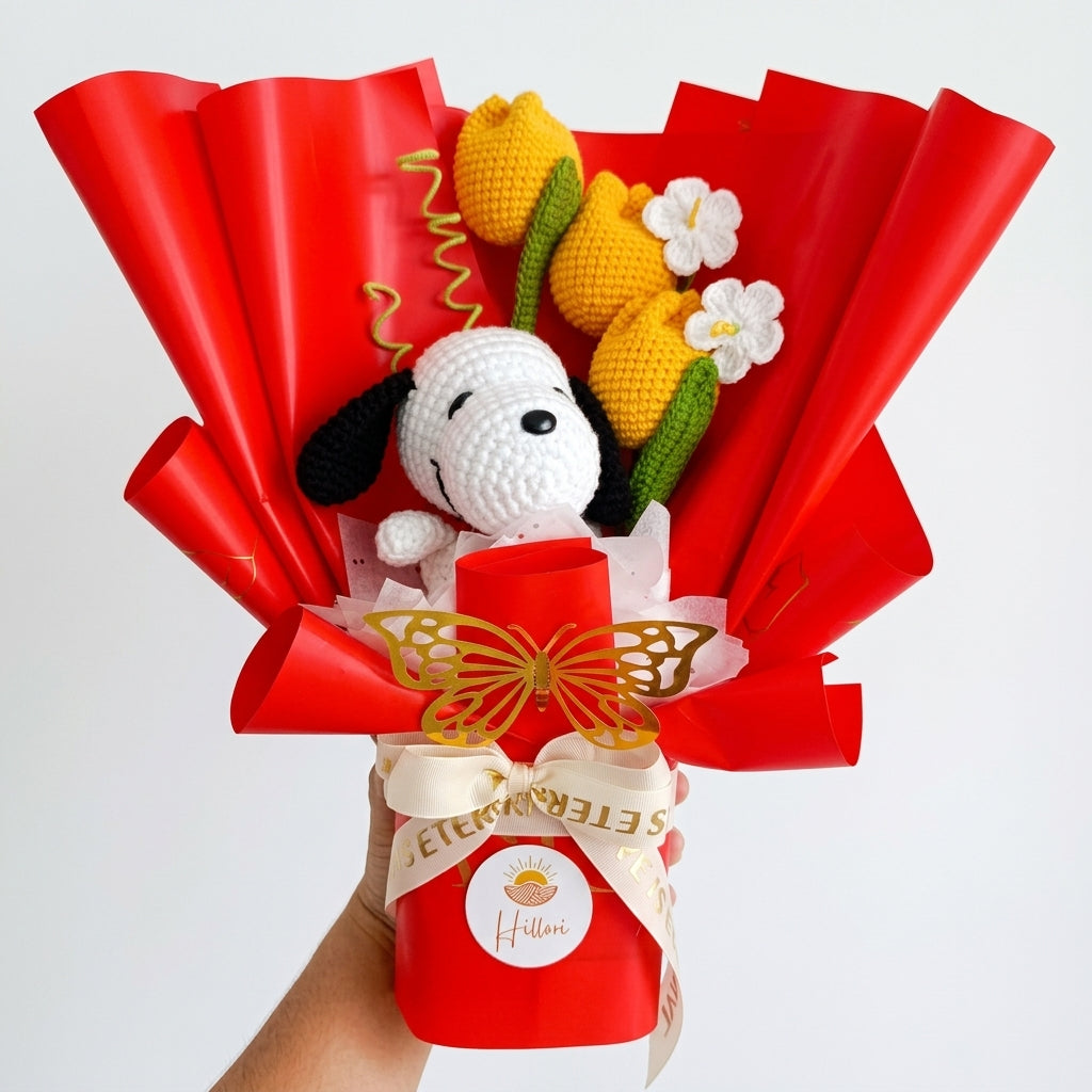 Ramo Premium con Tulipanes y Perrito Blanco Tejido