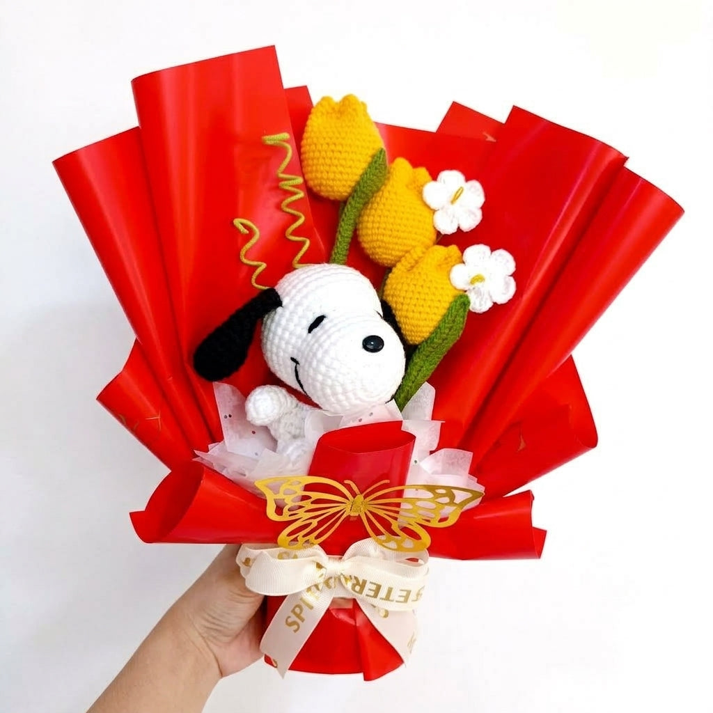 Ramo Premium con Tulipanes y Perrito Blanco Tejido