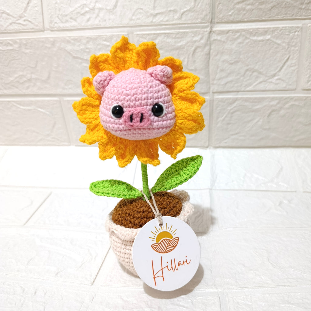 Maceta Carita de Cerdo con Girasol en Crochet