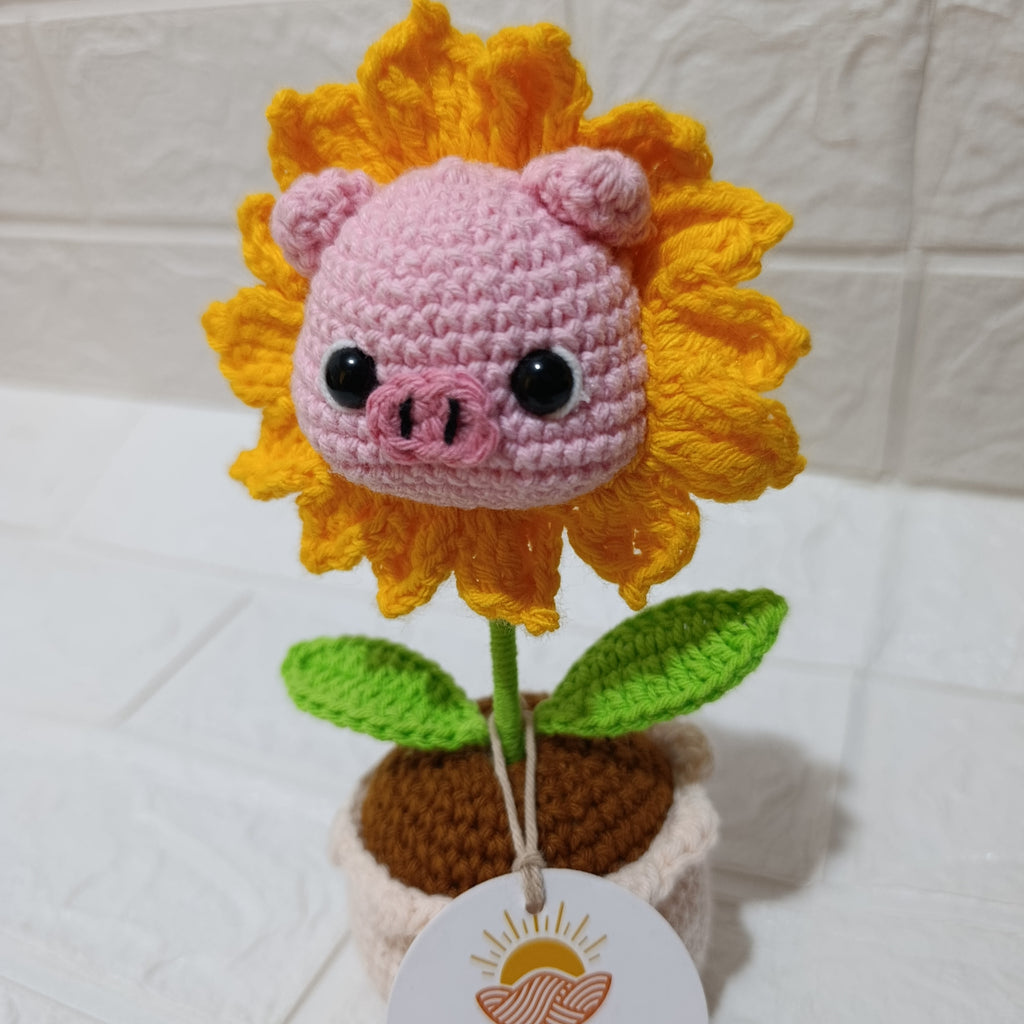 Maceta Carita de Cerdo con Girasol en Crochet