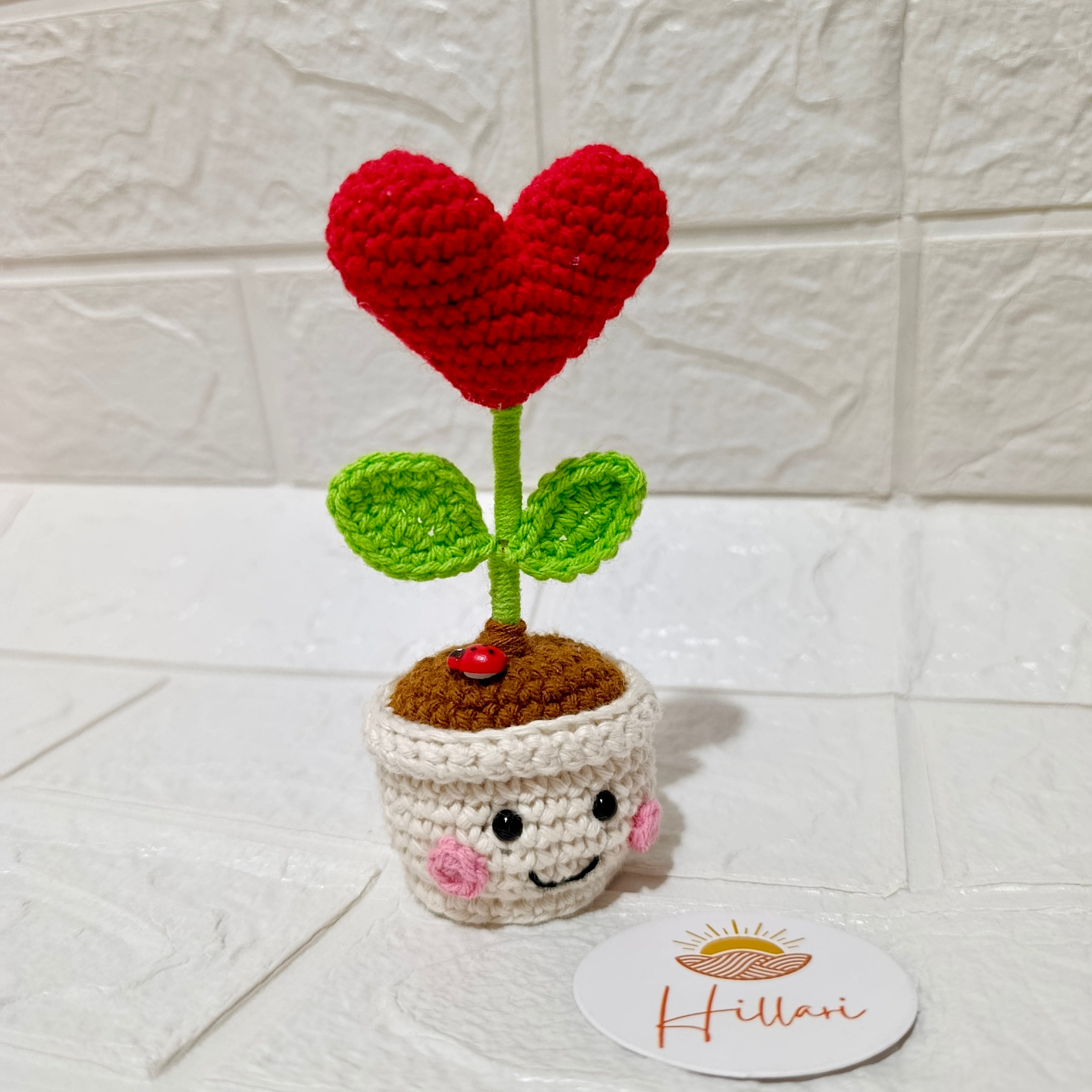 Maceta Sonriente con Mini Corazón Tejida en Crochet