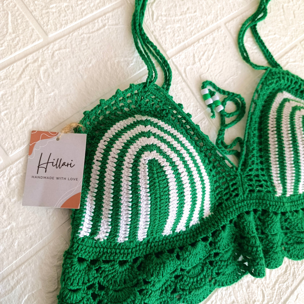 Top Verde en Crochet con Detalles Blancos – Talla L