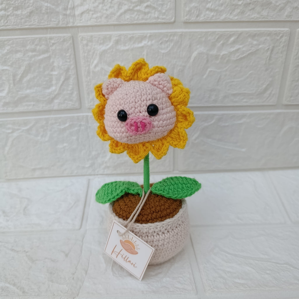 Maceta Carita de Cerdo con Girasol en Crochet