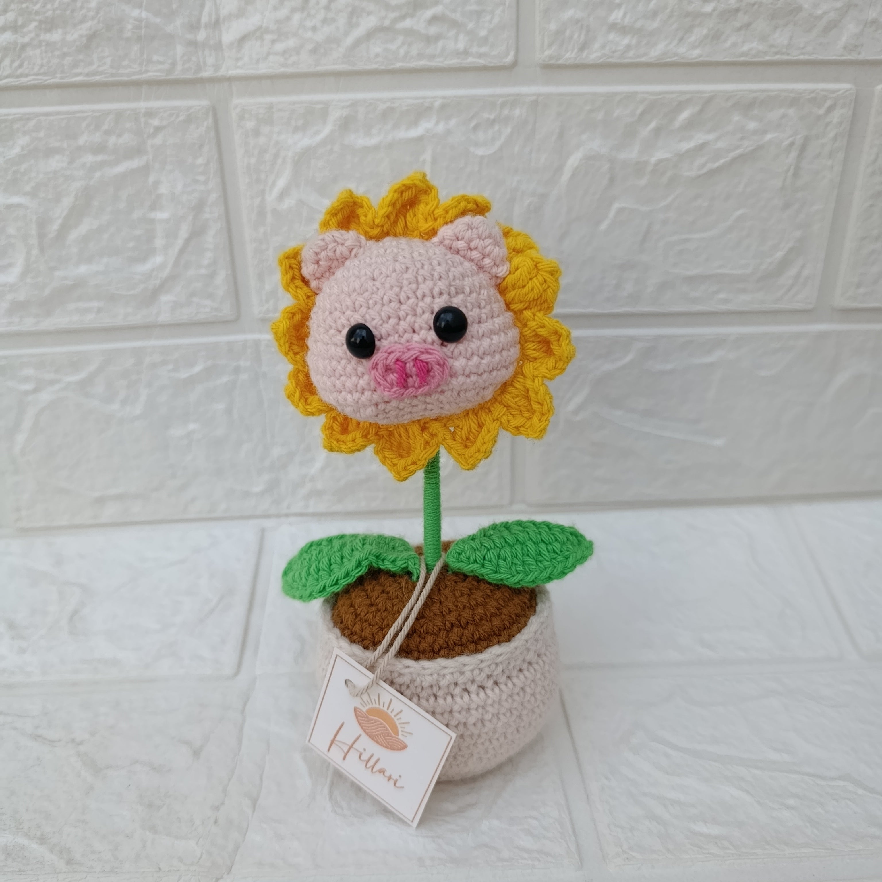 Maceta Carita de Cerdo con Girasol en Crochet