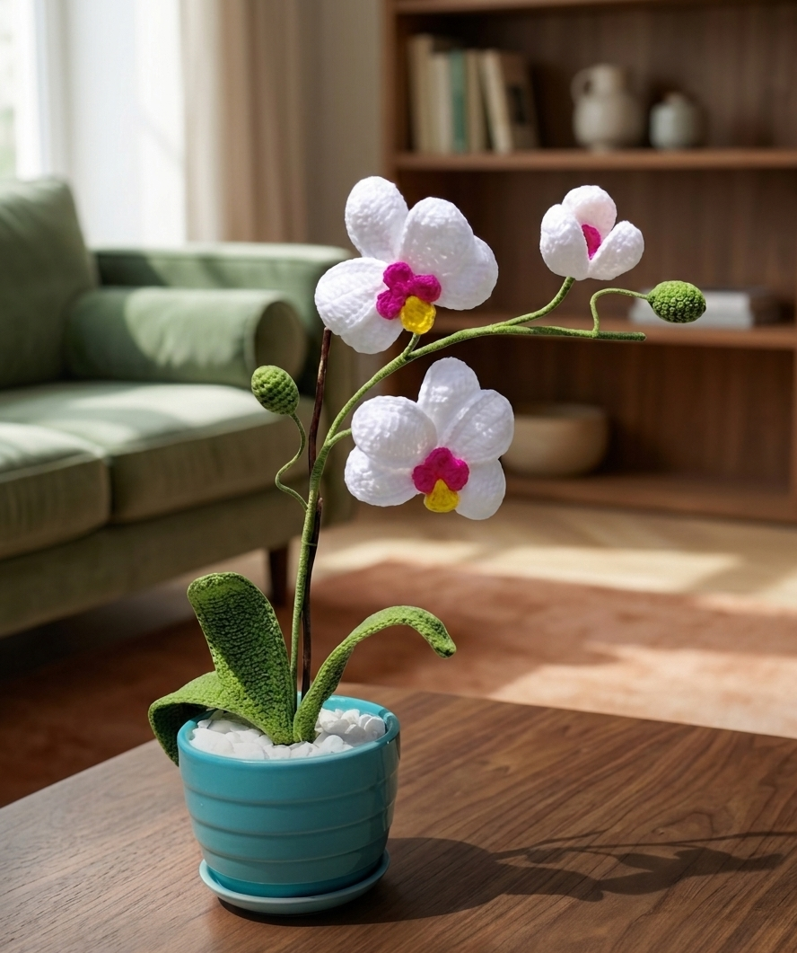 Maceta Cerámica con Orquídeas Tejidas