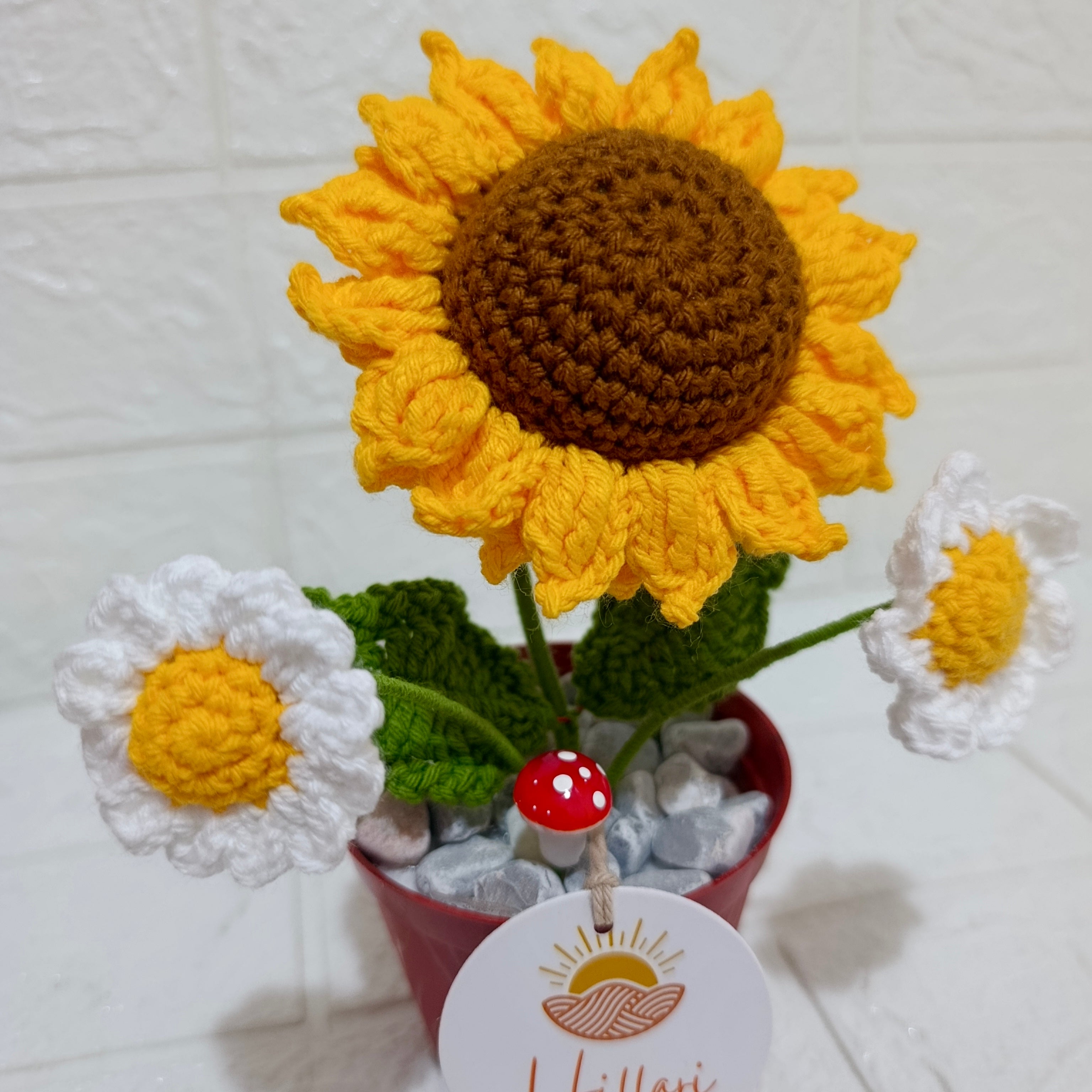 Maceta Decorativa Girasol y Margaritas Tejida a Crochet