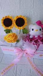 Box Regalo con Gatita Blanca Tejida y Girasoles - Moño Rosa
