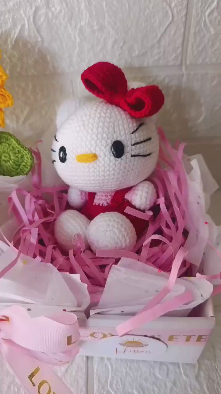 Box Regalo con Gatita Blanca Tejida y Girasoles - Moño Rojo