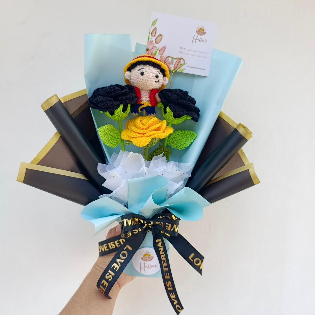 Ramo Crochet Luffy con Rosas Negras y Amarillas